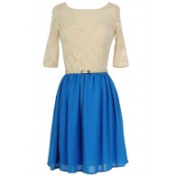 Dawn Til Dusk Belted Lace and Chiffon Dress in Bright Blue